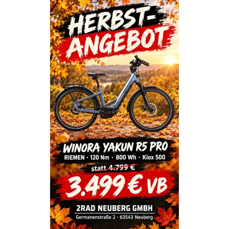 Winora Yakun R5 Pro E-BIKE Riemen120Nm 800Wh Kiox 500 Statt 4799€