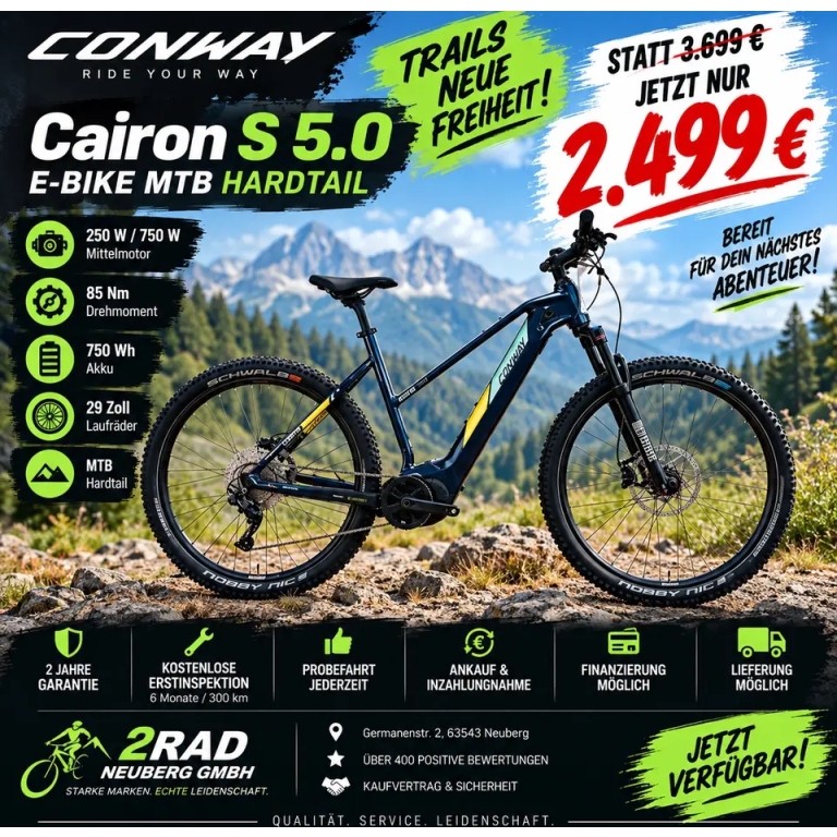 CONWAY Cairon S 5.0 E-Bike MTB Hardtail 750W 85Nm Statt 3699€