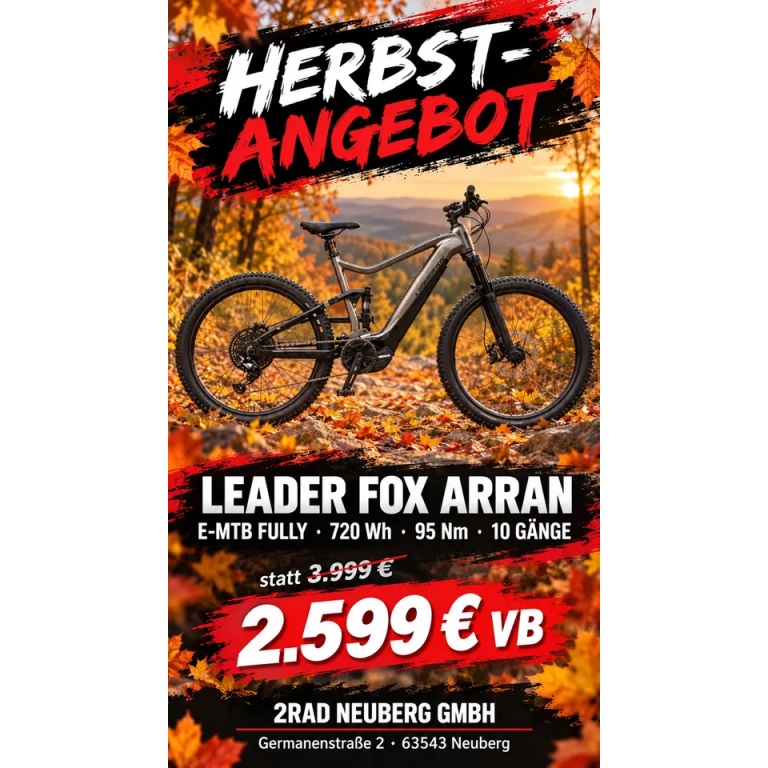 Leader Fox ARRAN E-Bike Fully MTB 720Wh 95Nm 10 Gang statt 3999€