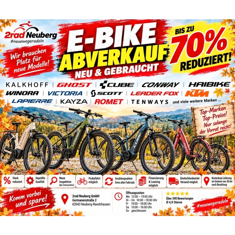 E-BIKE ABVERKAUF – MARKENRÄDER JETZT BIS ZU 70 % GÜNSTIGER!